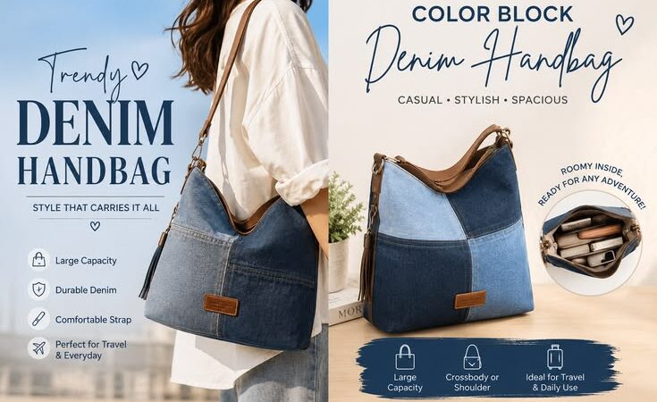 👜 Color Block Denim Handbag – Stylish & Spacious! Upgrade your everyday