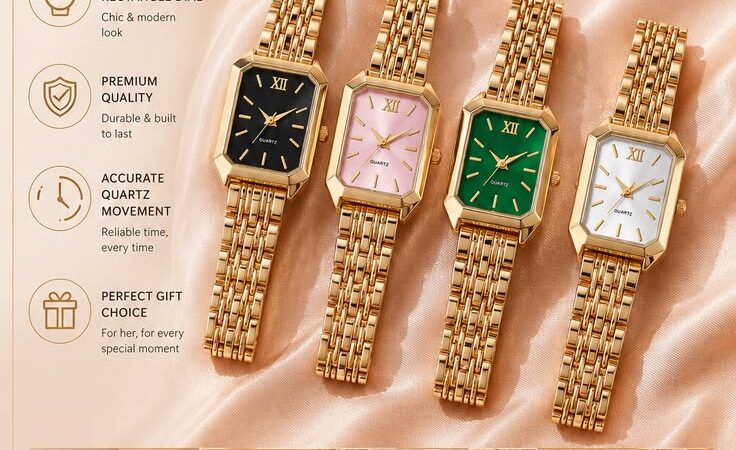 Luxury Rectangle Women’s Quartz Watch | Elegant Gold Analog Wristwatch for Girls & Ladies