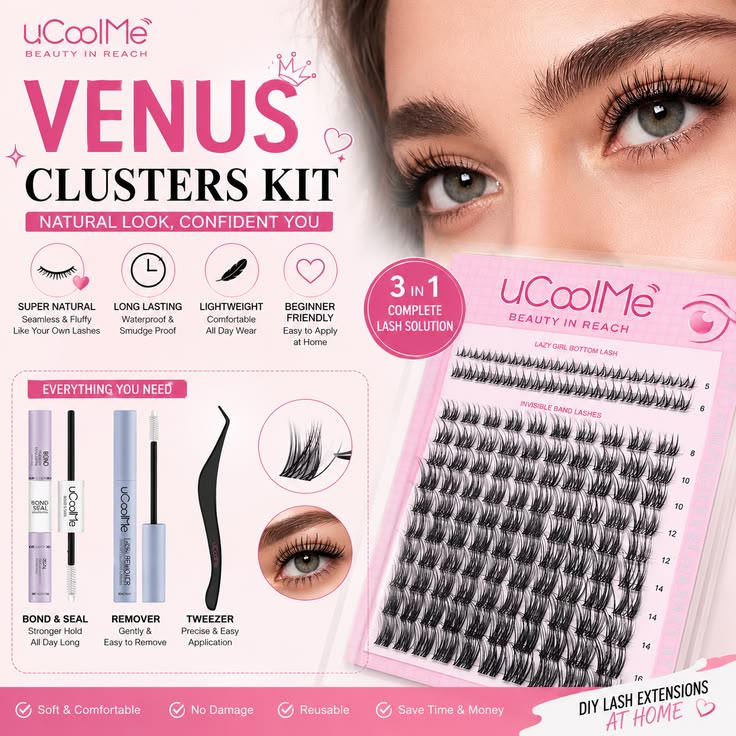 uCoolMe Venus Super Natural Cluster Lash Kit with Bond, Seal & Remover | Waterproof DIY