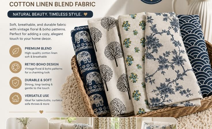 Retro Boho Floral Cotton Linen Blend Fabric – Soft Decorative Cloth for Tablecloths, Sofa Throws,