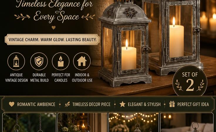 🕯️ Set of 2 Antique Grey Metal Hanging Candle Lanterns | Vintage Farmhouse Home & Wedding Decor
