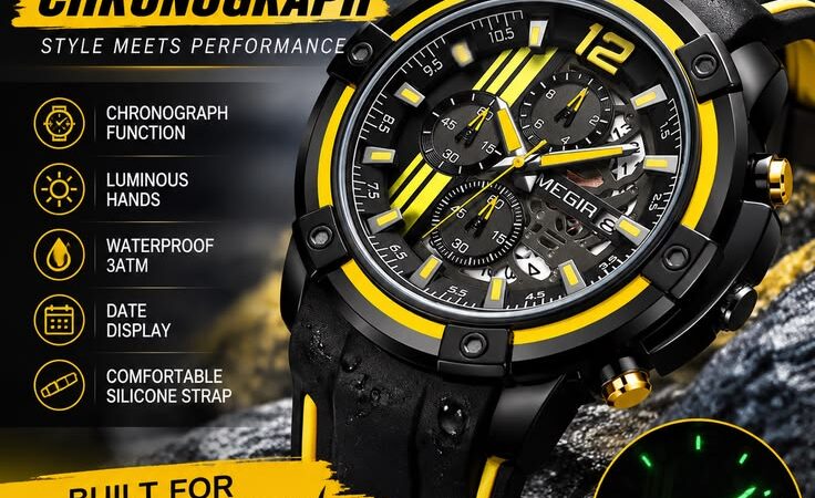 MEGIR Men’s Military Sport Chronograph Watch | Black & Yellow Luxury Sports Wristwatch