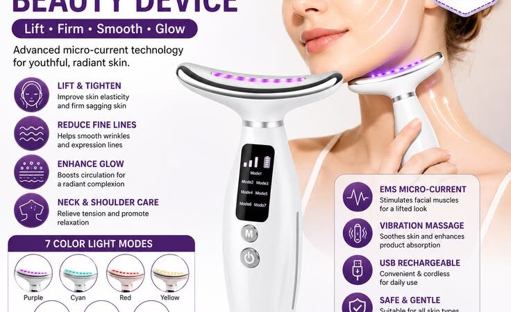 EMS Microcurrent Neck & Face Massager | 7-Color LED Beauty Device for Skin Care – 52% OFF