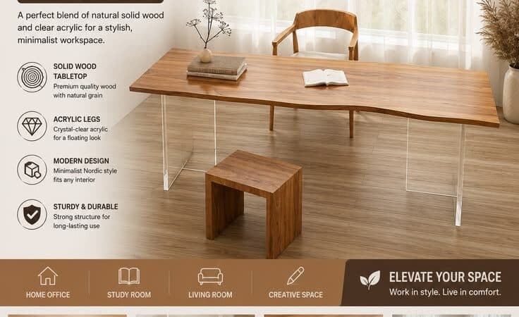 Nordic Luxury Solid Wood Desk with Acrylic Legs | Modern Minimalist Home Office Table