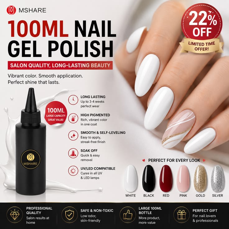 MSHARE 100ML UV LED Nail Gel Polish | Long-Lasting Soak Off Gel Polish – 22% OFF