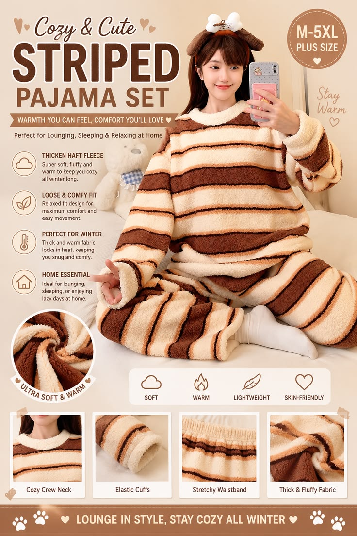M-5XL Plus Size Winter Fleece Pajama Set for Women | Soft Striped Korean Loungewear & Sleepwear
