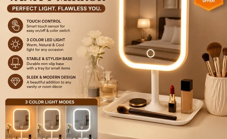 Designer LED Vanity Makeup Mirror | Touch Control 3-Color Light Desktop Mirror – 64% OFF