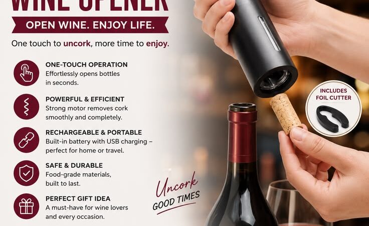 Electric Wine Bottle Opener with Foil Cutter | Automatic Rechargeable Corkscrew Kitchen Gadget
