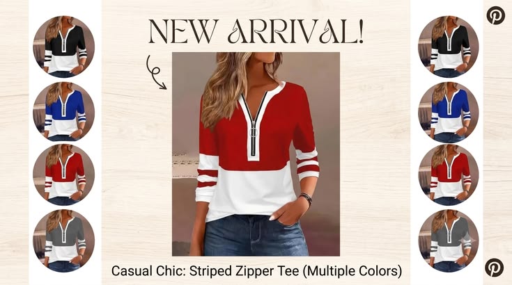 Long Sleeve Women’s Loose Fit Striped Zip Neck Casual T-Shirt