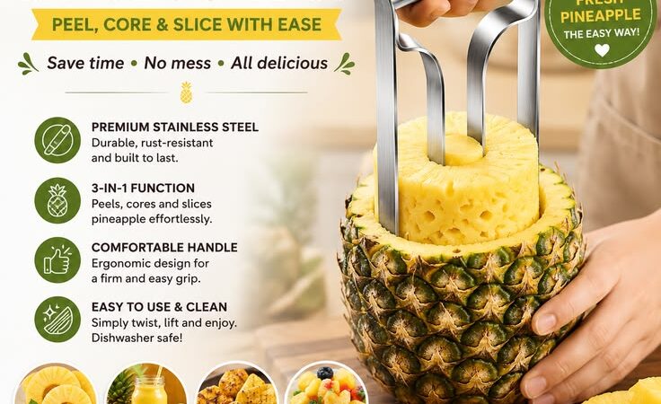 Stainless Steel Pineapple Peeler, Corer & Slicer | 3-in-1 Fruit Cutter Kitchen Gadget for Easy