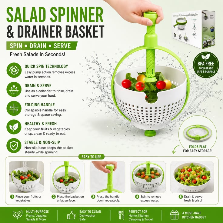 Folding Salad Spinner & Drainer Basket for Fresh Vegetables
