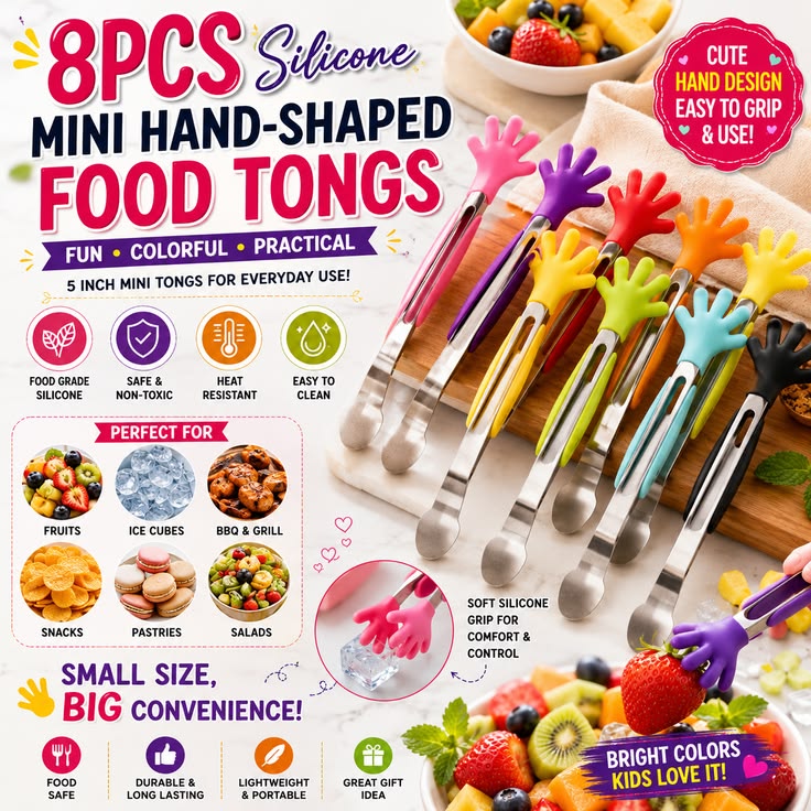 8PCS Silicone Mini Hand-Shaped Food Tongs | Colorful Kids Serving Tongs for Fruits, Ice & BBQ