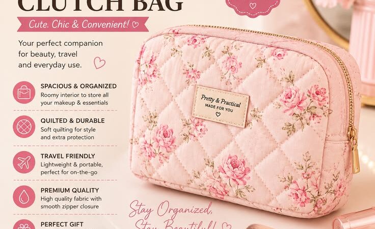 Fashion Pink Flower Cosmetic Bag | Quilted Makeup & Travel Organizer