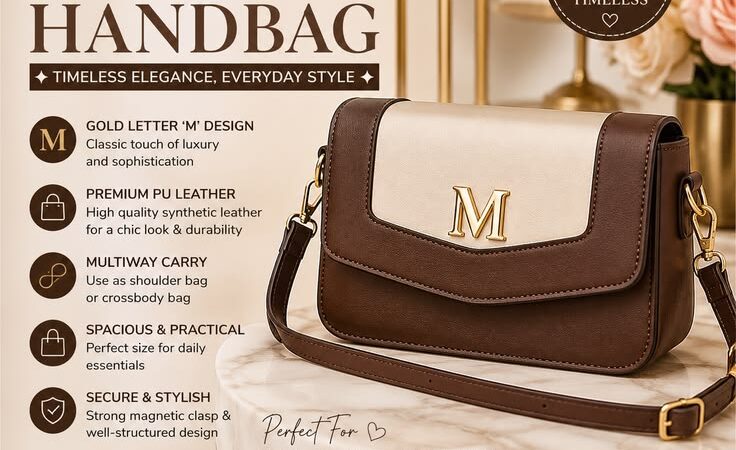 Vintage PU Leather Crossbody Handbag with Gold ‘M’ Design | Elegant Women’s Shoulder Bag