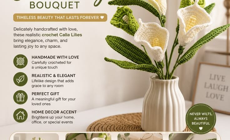 Handmade Crochet Calla Lily Bouquet – Realistic Yarn Flowers for Home Decor, Wedding Decoration
