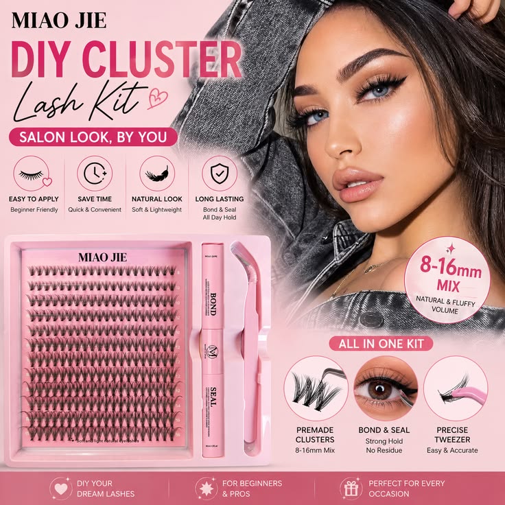 MIAO JIE DIY Cluster Lash Kit 8–16mm | Bond & Seal Eyelash Extension Kit with Tweezers |