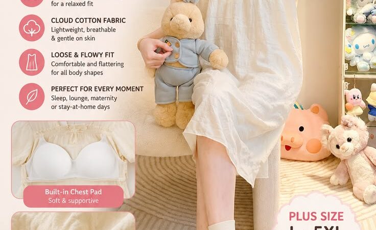 Plus Size Cotton Nightdress with Built-In Chest Pad | Women’s Summer Loose Maternity Sleep Dress
