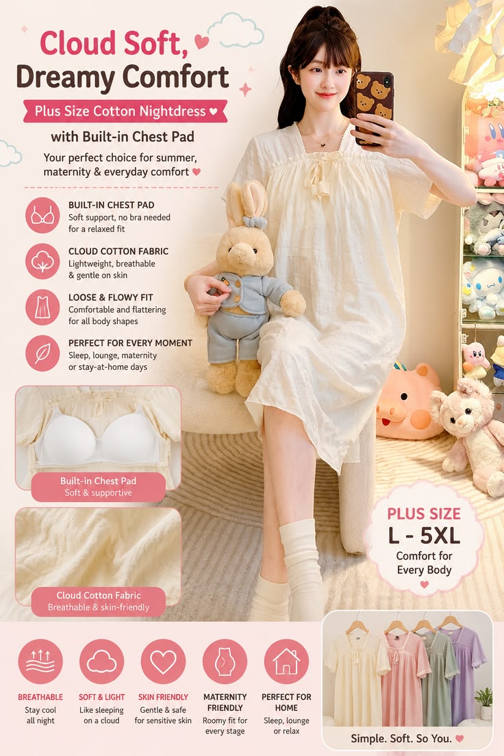 Plus Size Cotton Nightdress with Built-In Chest Pad | Women’s Summer Loose Maternity Sleep Dress