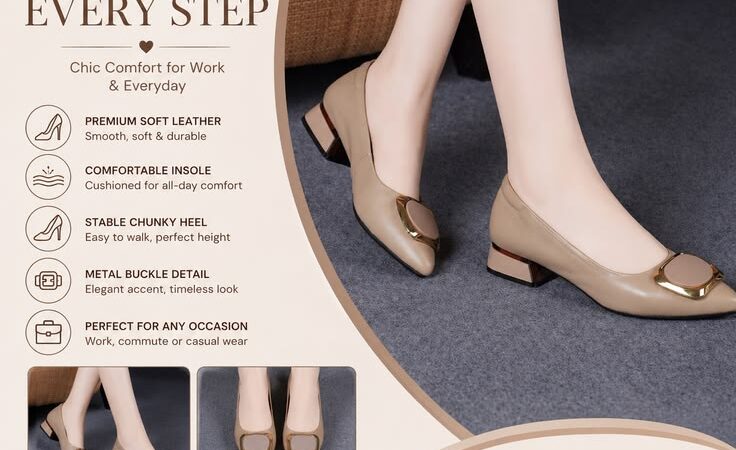 Women’s Pointed Toe Chunky Heel Pumps – Soft Leather Low Heel Office & Casual Work Shoes