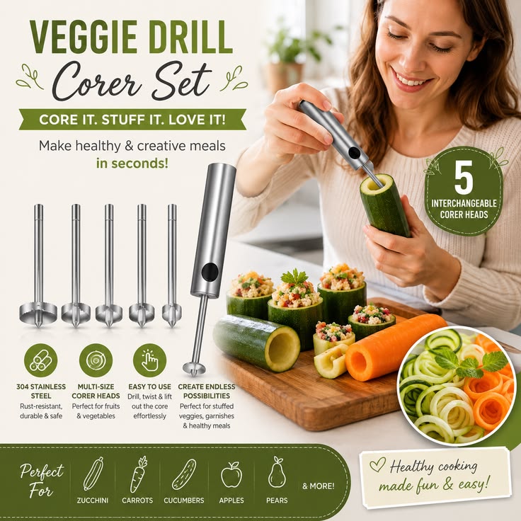 304 Stainless Steel Vegetable Corer & Spiral Cutter Set | Veggie Drill Kitchen Gadget for Healthy