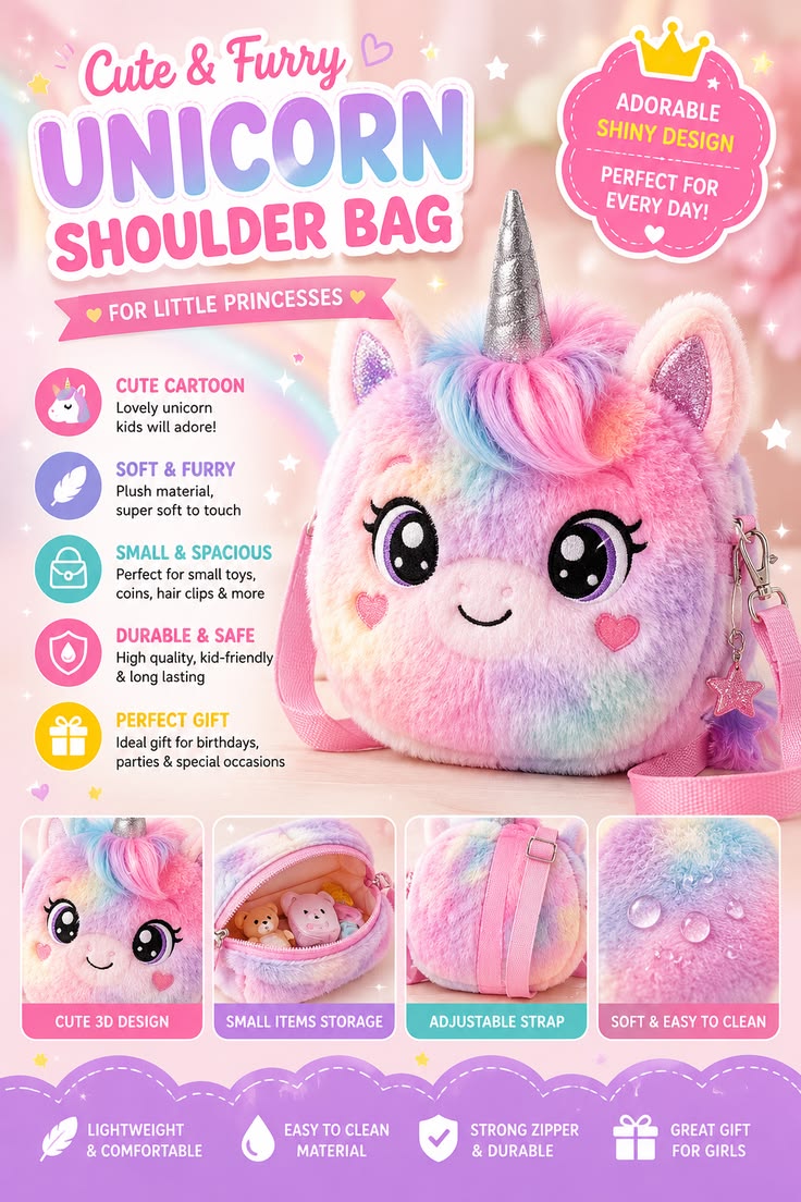 Cute Plush Unicorn Crossbody Bag for Girls | Soft Cartoon Kids Shoulder Bag