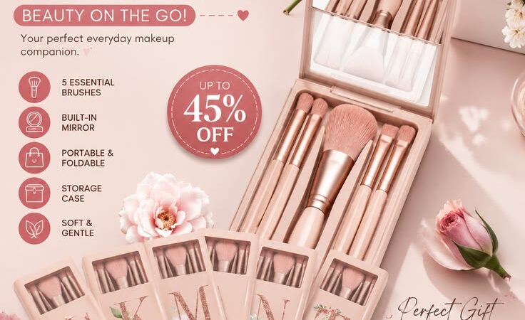 5PCS Cosmetic Makeup Brush Set with Mirror & Travel Case | Portable Rose Gold Beauty Brush Kit ✨