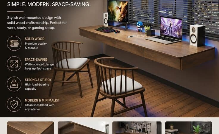 Nordic Wall-Mounted Floating Desk | Modern Solid Wood Computer & Study Table