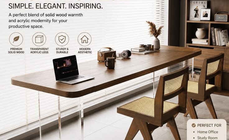 Nordic Floating Solid Wood Desk | Modern Acrylic Computer & Study Table for Home Office