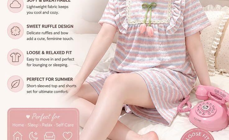 Women’s Summer Pajama Set | Cute Ruffle Striped Short Sleeve Loungewear & Sleepwear