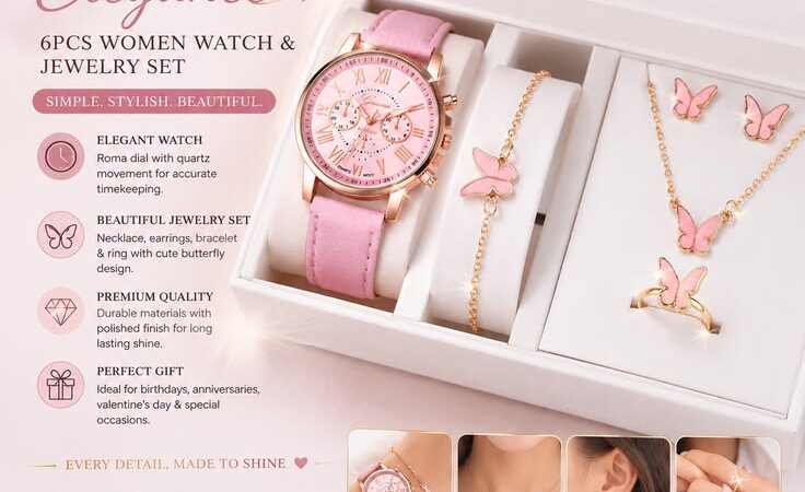 🦋 6PCS Pink Butterfly Watch & Jewelry Set for Women | Elegant Quartz Watch Gift Set