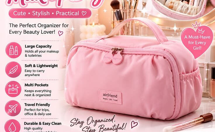 Airfriend Pink Makeup Bag | Cute Travel Cosmetic & Toiletry Organizer