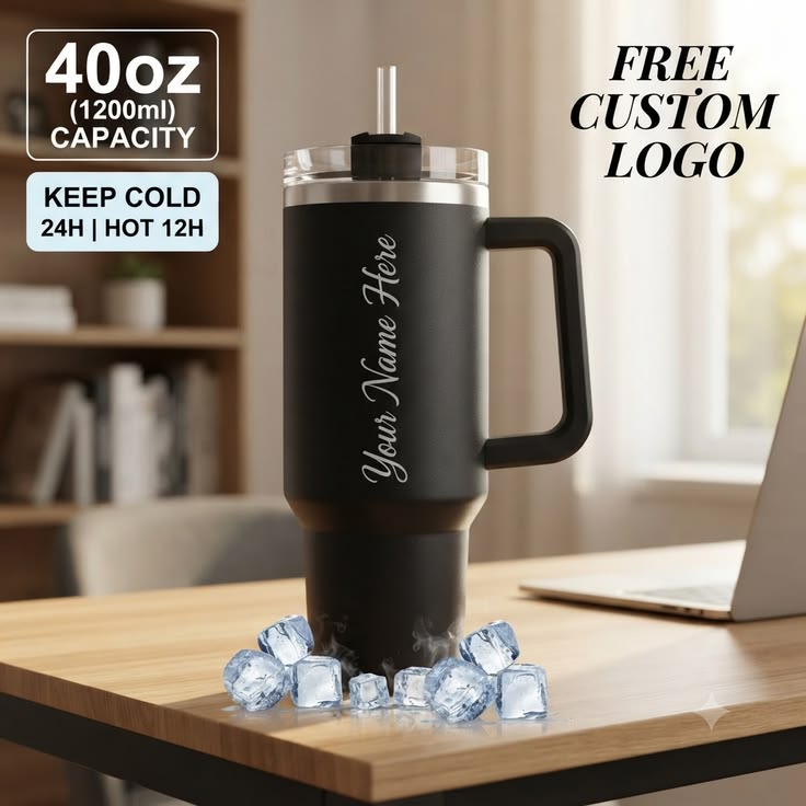 Custom 40oz Stainless Steel Tumbler with Handle – Your Name, Free Logo!