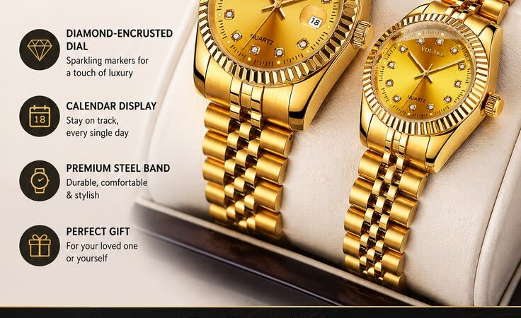 Luxury Gold Couple Watch Set | Elegant Quartz Steel Band Watches for Men & Women