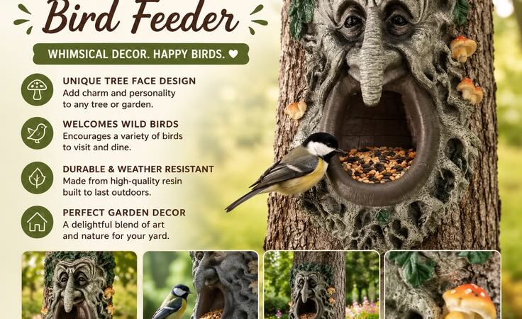 Tree Face Wild Bird Feeder – Whimsical Outdoor Garden Tree Decor with Big Mouth Bird Feeder & Mushro