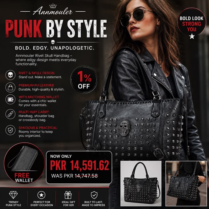 Make a Bold Fashion Statement! π€ Turn heads with the Annmouler Rivet Skull Handbag