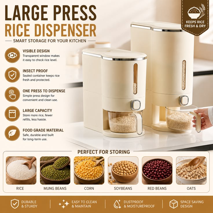 Large Press Rice Dispenser with Visible Storage Window