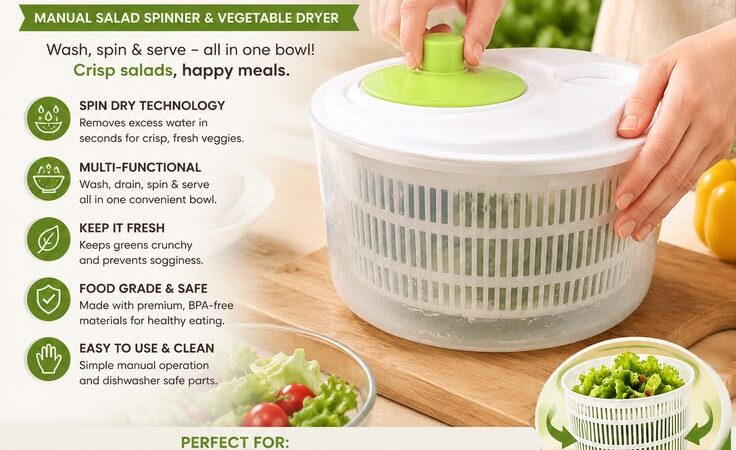 Manual Salad Spinner & Vegetable Dryer | Fruit Washer, Lettuce Spinner & Kitchen Strainer Bowl