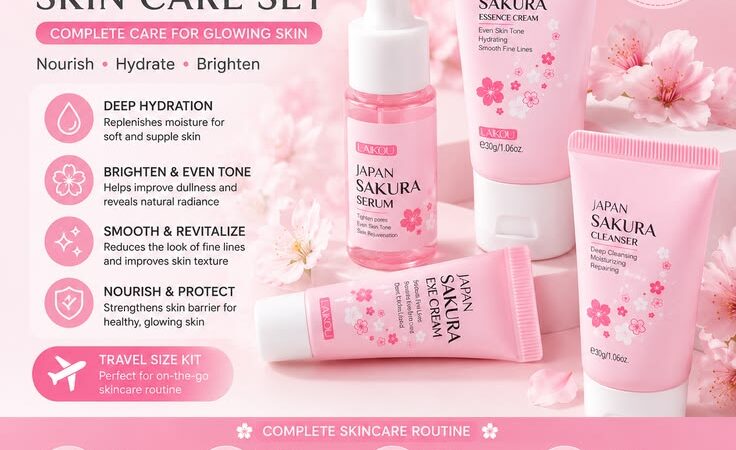 Sakura Skincare Set | Cleanser, Serum, Eye Cream & Essence Cream Gift Kit for Glowing Skin