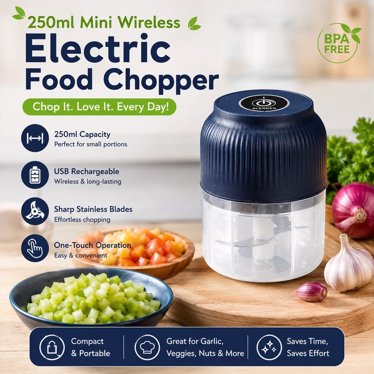 250ml Mini Wireless USB Rechargeable Electric Food Chopper | Portable Garlic & Vegetable Cutter
