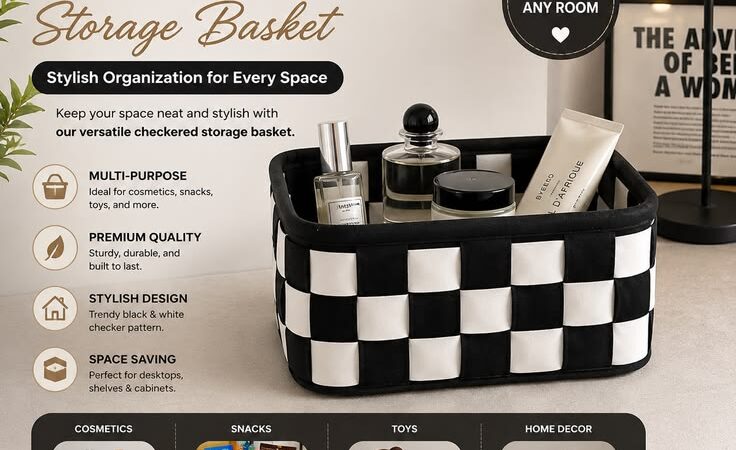 Black & White Checkered Storage Basket – Desktop Organizer for Cosmetics, Snacks, Toys & Stylish