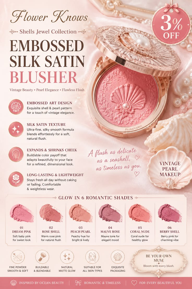 🌸 Flower Knows Shells Jewel Blusher | Embossed Silk Satin Vintage Blush – 3% OFF