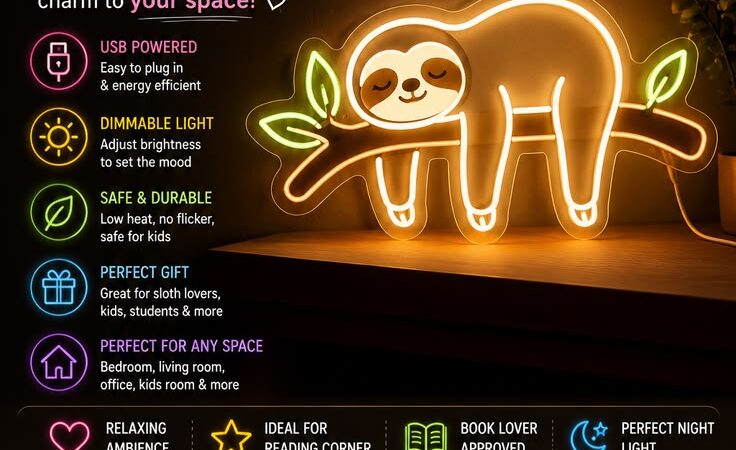 🦥 Sloth Neon Sign | USB Dimmable LED Night Light for Bedroom, Home Office & Kids Room