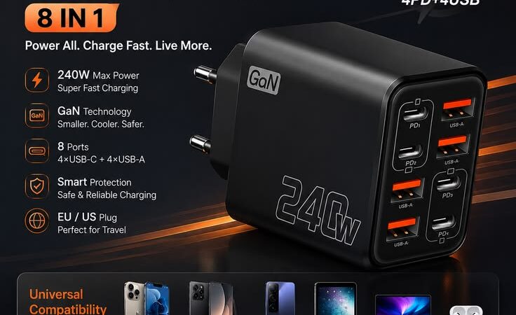 240W GaN Fast Charger 8-in-1 USB-C & USB Wall Adapter | Super Fast Charging