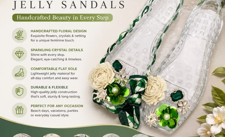 Luxury Floral Jelly Sandals for Women | Handmade Crystal Flat Shoes | Stylish Summer Casual Footwear