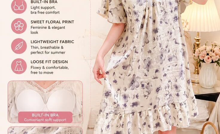 Plus Size Floral Nightgown with Built-In Bra | Women’s Summer Lace Sleep Dress & Comfy Loungewear