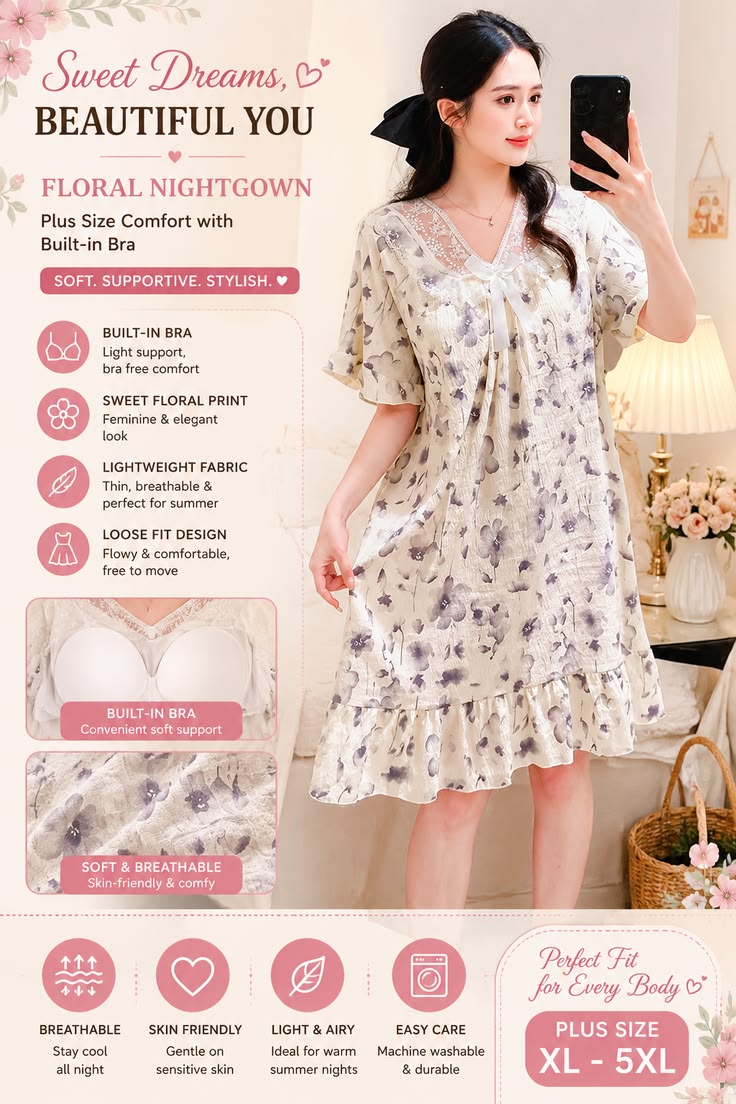 Plus Size Floral Nightgown with Built-In Bra | Women’s Summer Lace Sleep Dress & Comfy Loungewear