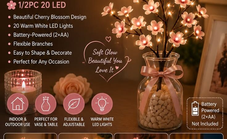 🌸 Cherry Blossom Tree Branch Lights | 20 LED Battery-Powered Floral Vase Decor for Home & Wedding