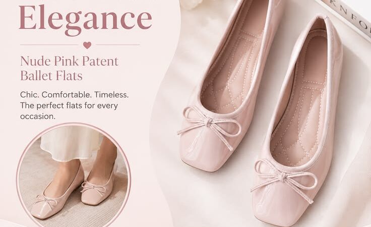 Women’s Nude Pink Patent Leather Ballet Flats | Square Toe Bow Slip-On Comfort