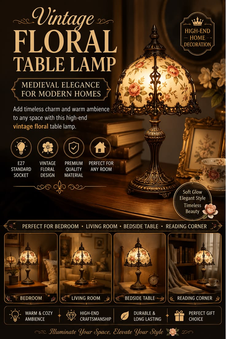 🌸 Vintage Floral Table Lamp | Elegant Medieval Bedside Lamp for Bedroom & Living Room Decor