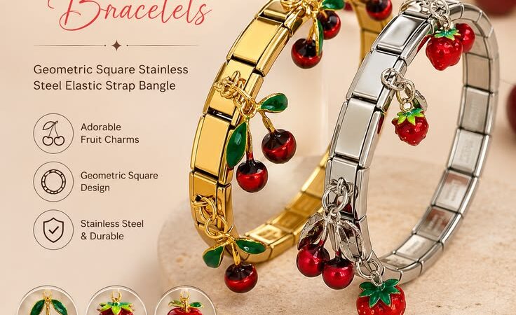 Cherry & Fruit Charm Stainless Steel Elastic Bracelet | Cute Gold & Silver Bangle for Women 🍒✨